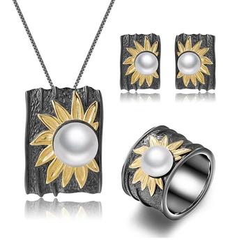 GEM'S BALE 925 Ayar Gümüş doğal tatlı su incisi Güneş çiçek Yüzük Küpe Kolye Setleri El Yapımı Seti Kadınlar Takı İçin
