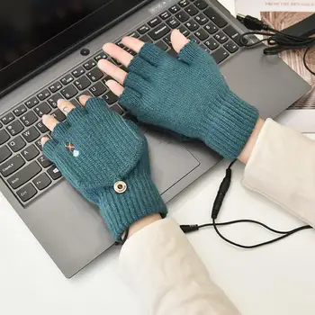 1 Çift ısıtmalı eldiven örme dokunmatik ekran rüzgar geçirmez ayarlanabilir sıcak USB açık spor kadın kış ısıtma eldivenler bisiklet için