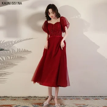 KAUNISSINA Kokteyl Elbiseleri Kadın Puf Kollu Çay Boyu Bordo Elbise Kadın Vintage Sevgiliye Yaka Örgün Balo Vestidos