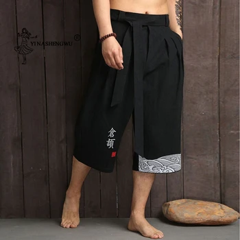 Japon Kimono Geleneksel Pantolon Erkekler Asya Giyim Banyo Pantolon Rahat Gevşek Erkek Japonya Tarzı Yukata Pantolon Keten Kırpılmış Pantolon