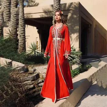 Kırmızı Fas Kaftan Balo Elbise 2022 Aplikler Uzun Kollu Suudi Arabistan Resmi Akşam Doğum Günü Törenlerinde 2 Parça