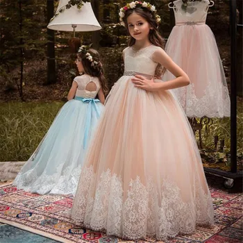 Klasik tüllü çiçekli kız elbisesi Dantel Aplikler Uzun Kollu Düğün Doğum Günü Balo İlk Komünyon Elbiseler