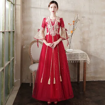 Klasik Çin Gelin Tost Elbise Uzun Parti Törenlerinde Aplikler Nakış Resmi Bayan Akşam Elbise Robe De Soiree