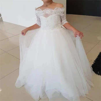 Prenses Çiçek Kız Elbise Düğün İçin Yarım kollu Pageant elbise Kabarık Tül Çocuk Komünyon doğum günü partisi elbiseleri