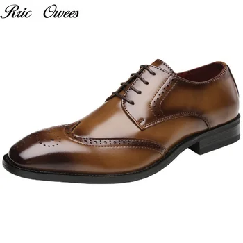 Rr Owees Yüksek Kaliteli Deri Kazınmış Brogue İngiliz Iş Resmi deri ayakkabı erkek Dantel-up Derby Ayakkabı Sivri Burun Oxford