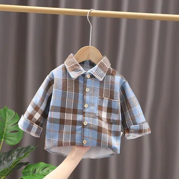 Kış Sonbahar Yeni Erkek Uzun Kollu Klasik Ekose Yaka Gömlek Tops Cep Kalın Sıcak Erkek Bebek Rahat Gömlek Çocuk Giyim