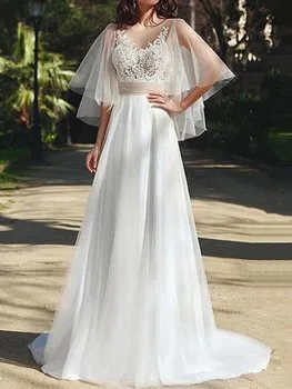 Kısa Şal gelinlik 2022 O-Boyun Backless Lace Up düğün elbisesi Vintage Aplikler Tül Sweep Tren Vestido De Novia