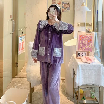 Kadın Sonbahar Kış Kadife Pijama Set Uzun Kollu Günlük Rahat Ev Giysileri Eğlence Takım Elbise Dantel Salonu Pijama Nightclothes