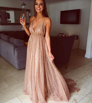 Seksi V Yaka Spagetti Sapanlar Balo Elbise Şampanya Altın Backless Sequins Uzun Örgün Abiye giyim Vestidos De Fieast