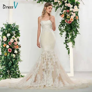 Dressv zarif dantel kolsuz spagetti sapanlar mermaid düğün elbisesi kat uzunluk basit gelinlikler trompet düğün elbisesi es