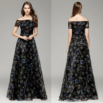 B0083 Yeni Organze Siyah Baskılı Çiçek A-Line Balo Tekne Boyun Balo elbisesi Resmi Kısa kollu Maxi Kadınlar Uzun Elbiseler