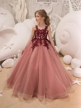 Şeftali Zarif Çiçek Kız Elbise Aplikler Kolsuz Tül Bir Çizgi Kat Uzunluk İlk İletişim Elbise