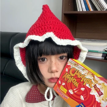 Sevimli Kırmızı kadın Şapka Japon Niş Tasarım Cadı Kap Sonbahar ve Kış Sıcak Kravat-up Örme Kazak kulak koruyucu Bombacı Şapka