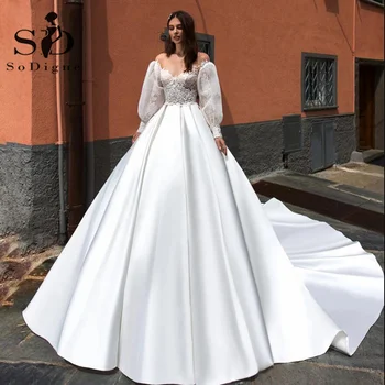 SoDigne A-line düğün elbisesi Balo Puf Kollu Saten Vintage Dantel Gelin Elbise Prenses gelinlik Artı Boyutu