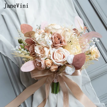 JaneVini 2022 Vintage Sonbahar Şampanya Çiçekler Avrupa Gelin Buketleri El Yapımı İpek Güller Yapay Düğün Buket Aksesuarları