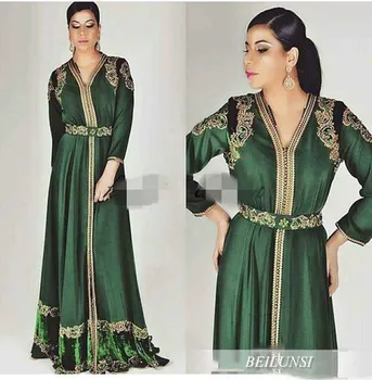 2021 Yeni Zümrüt Yeşil Fas Kaftan Uzun Kollu balo kıyafetleri Özel Yapmak Altın Nakış Kaftan Dubai Abaya Arapça Akşam Biz