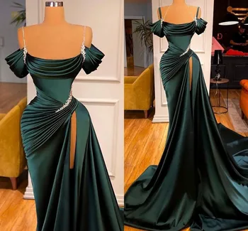 Avcı Yeşil Mermaid Balo resmi Elbiseler Uzun Kuyruk ile 2022 Seksi Yüksek Yarık Boncuklu Leke Kapalı Omuz Akşam Resepsiyon elbisesi