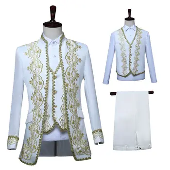 Erkek Düğün Takım Elbise Ortaçağ Ceket + Yelek + Pantolon 3 Adet Retro Kostüm Askeri Blazer Kraliyet süslü elbise Takım Elbise