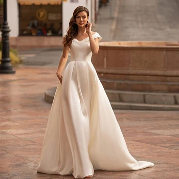 Basit Kapalı Omuz A-line düğün elbisesi Beyaz Fildişi Şampanya Saten Zarif Prenses gelinlik Robe de Mariee