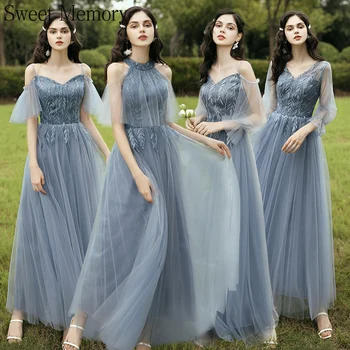 Tozlu Mavi Gelinlik Modelleri Lady Kadınlar Tül Aplike Lace Up Kat Uzunluk Koro Performansı Düğün Mezuniyet Elbise Kadınlar