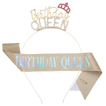 Yeni Doğum Günü Partisi Bandı Kemer Seti Doğum Günü Taç Glitter Kumaş Omuz Askısı Doğum Günü Kraliçe Headdress