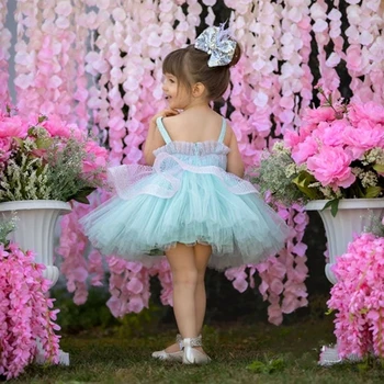 Gökyüzü Mavi Sevimli Polka-dot tül çiçek Kız Elbise Kolsuz Sapanlar Kız Düğün Parti Elbise Communion Elbise Doğum Günü Elbisesi