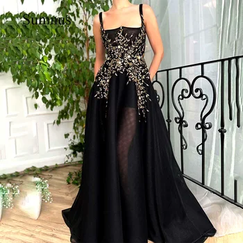 Sumnus Siyah Straplez Balo Elbise Sequins Aplikler İle Cep Uzun Akşam Parti Elbisesi Tül Seksi Pageant Gala Elbiseler Kadın