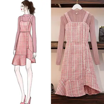  Kadın Giyim 2021 Sonbahar Yeni Küçük Koku Tarzı Örgü Taban + Pembe Elbise İki parçalı moda elbise Kadın