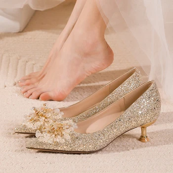 Şampanya Altın Düğün Pompaları Kadınlar Lüks Kristal Gelin Ayakkabıları Sivri Burun Bling Glitter Yüksek Topuklu