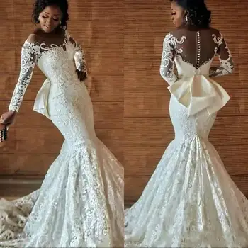 Afrika Mermaid Gelinlik Uzun Kollu Dantel Aplike Artı Boyutu düğün elbisesi gelinlikler Düğmeler Geri Vintage Vestido 2023