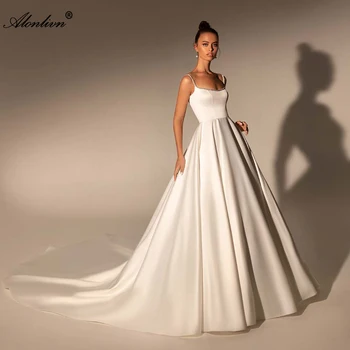 Alonlivn Zarif Saten Boncuk Kristaller Spagetti Sapanlar A-Line düğün elbisesi Kolsuz Kare Yaka gelinlikler
