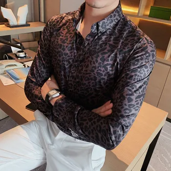 2022 Vintage Leopar Baskı Erkek Gömlek Sonbahar Uzun Kollu İnce Rahat İş Elbise Gömlek Sosyal Streetwear Parti Smokin Bluz