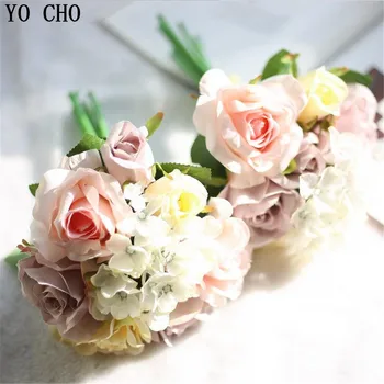 YO CHO Yapay Gül Ortanca ipek çiçek Buketi Pembe Sahte Çiçek Düğün Kardeş Kız Mini Buket Ev Düğün masa süsü