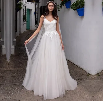 Düğün elbisesi 2022 Dantel Aplikler V Boyun A-Line Vestidos De Noiva Kolsuz gelin kıyafeti Robe De Mariée