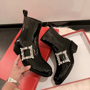Elmas Kare Toka Çizmeler Satılan Çizmeler bağcıksız ayakkabı Kadın Moda Rahat Bayan Botları Kare Topuklu Kadın Ayakkabı Dışında 2022