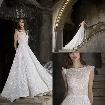 Lüks düğün elbisesi es Dantel 3D Aplikler Bir Çizgi gelinlikler Custom Made Düğme Geri Sweep Tren düğün elbisesi robe de mariée