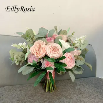 EillyRosia Retro Beyaz ve Pembe Gelin Buketi de Mariage El-bağlı ramos de novia para tirar Yapay Düğün Çiçekler Holding