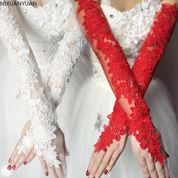 Toptan Uzun Beyaz Fildişi Kırmızı Dantel Eldiven Gelin Çiçek İnciler ile kadın Düğün Eldiven Gants Mariage