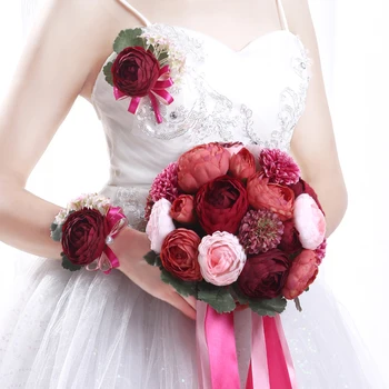 Kurdele ile güzel Bordo Düğün Çiçekleri Gelin Buketleri Buque De Noiva Romantik Holding Çiçekler El Yapımı