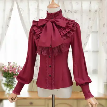 Vintage kadın Uzun Kollu Gömlek Gotik Şifon Dantel Fırfır Bluz Kırmızı / Siyah / Beyaz / Lacivert lolita victoria hizmetçi Gömlek
