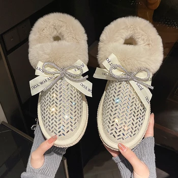 Shining Kristal Kalın Peluş Kar Botları Kadınlar için Kış Sıcak Kürk Pamuk Yastıklı Ayakkabı Bayanlar Rahat Düz Ayak Bileği Patik