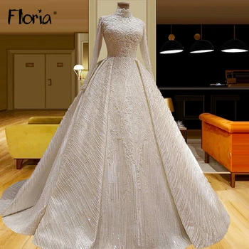 Floria Dubai Müslüman düğün elbisesi Uzun Kollu Boncuklu Kristaller Balo Abiye gelinlikler Artı Boyutu Custom Made A-Line Saten Vestido