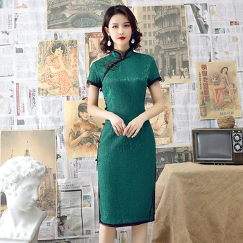 Sheng Coco kadın Dantel Elbiseler Akşam Yaz Kısa Çin Qipao 2019 Cheongsam modern giysiler Yeşil Vestido Oryantal Tarzı