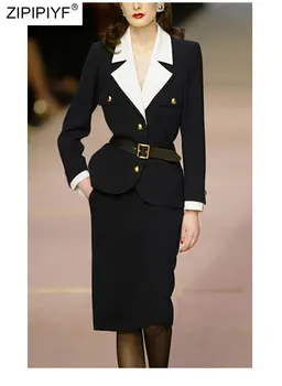 2021 Yaz Pist Moda Basit Tasarım Çentikli Boyun Uzun Kollu Tek Göğüslü Blazers Cepler Yüksek Bel Kadın Takım Elbise Z215