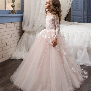 Çiçek Kız Elbise Düğün için Kelebek Prenses Tutu Dantel Aplike Lace Up Vintage Kız İlk Communion Elbise