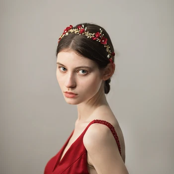 O366 Kırmızı Kumaş Çiçekler Gelin Hairband mücevherli metal arap başlığı boncuklu yapay elmas kafa bandı