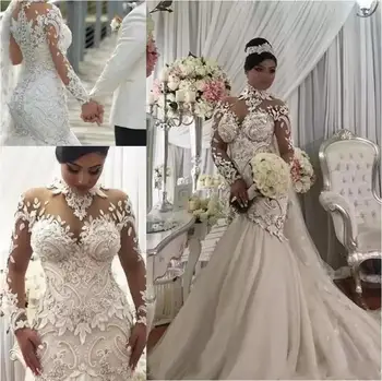 Mermaid Gelinlik Nijerya Yüksek Boyun Tam Geri Dubai Arapça Kale gelinlikler Artı Boyutu Uzun Kollu düğün elbisesi