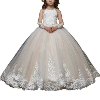 Dantel Çiçek Kız Elbise Primera Comunion Düğün Parti Küçük gelinlik çocuk Balo Uzun Kollu Kız Pageant Elbise