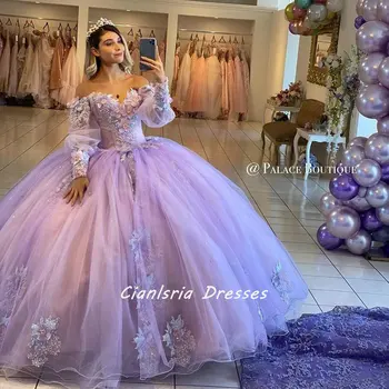 Leylak 3D Çiçekler Aplikler Uzun Kollu Korse Quinceanera elbise Balo Kapalı Omuz Tatlı 16 Elbiseler Vestidos De 15 Años