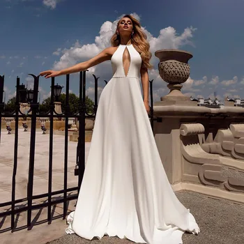 Seksi Açık Göğüs düğün elbisesi 2022 Halter Kolsuz Sweep Tren Backless gelinlikler Robe De Mariée Kadınlar İçin Yüksek Kalite